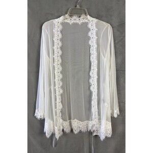 Frederick's of Hollywood  Open Front Cover up Robe Lingerie Sheer Lace White S/M